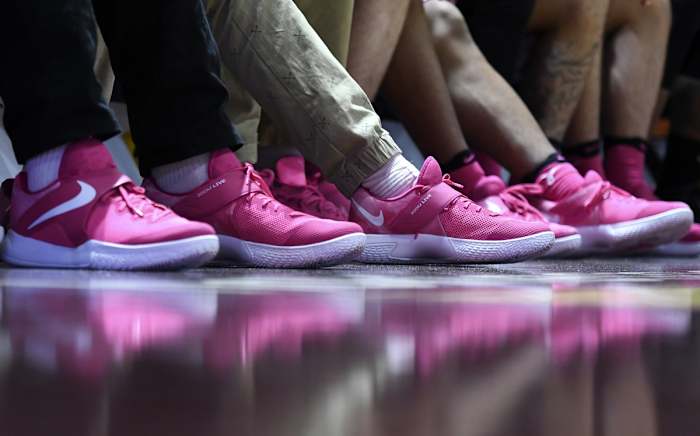 Jan 29, 2017; Blacksburg, VA, USA; Members of the Virginia Tech Hokies bench wear pink shoes to honor breast cancer awareness during the game against the Boston College Eagles at Cassell Coliseum. Mandatory Credit: Michael Shroyer-USA TODAY Sports